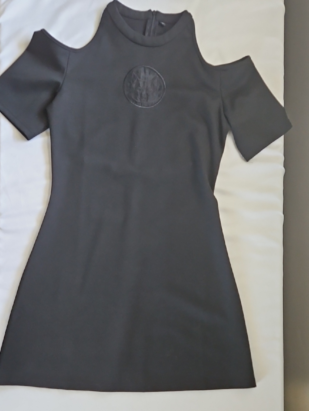 Black Cold-Shoulder Mini Dress with Sheer Cat Logo